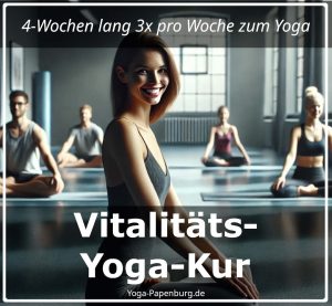 Yoga-Kur: Eine Frau und 4 weitere Personen sitzen in einem Yoga-Raum auf ihren Yoga-Matten