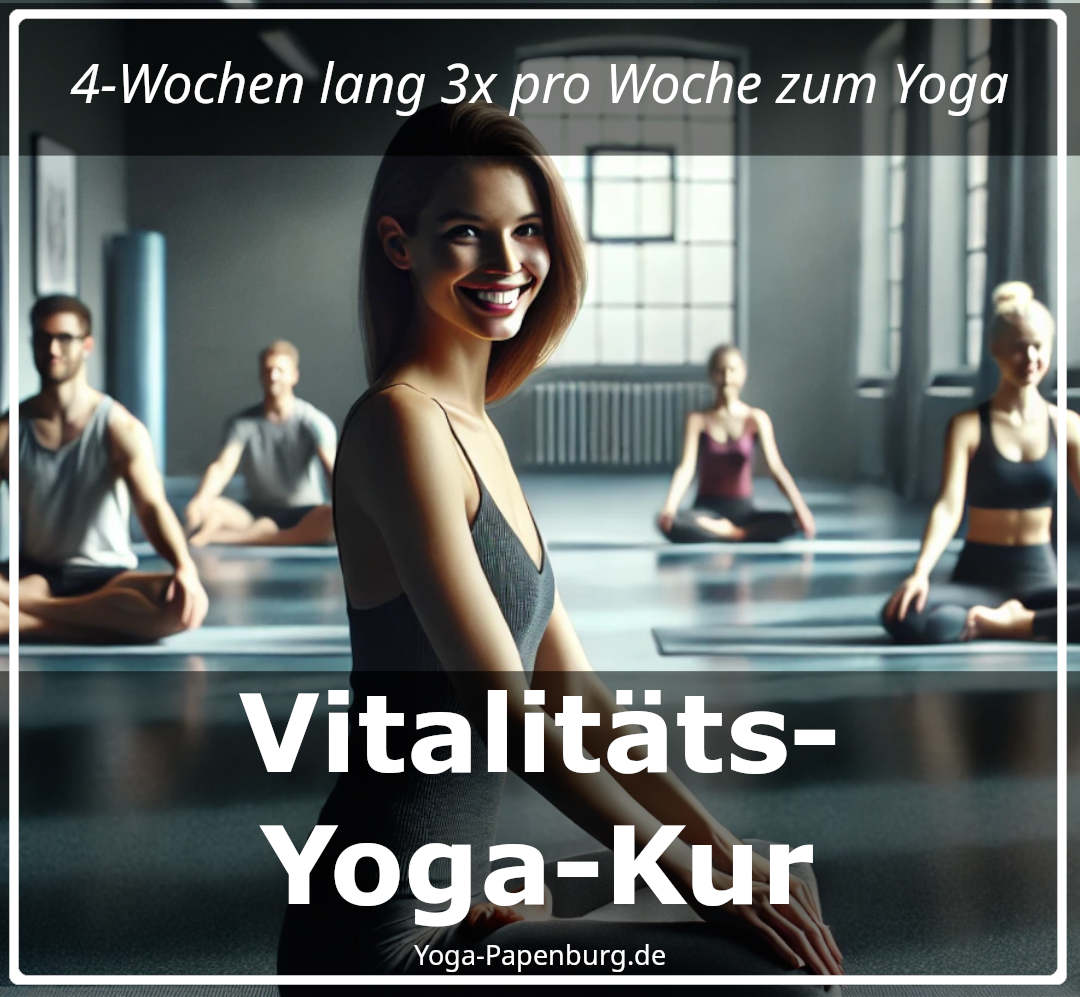 Yoga-Vitalitäts-Kur: Eine Frau und 4 weitere Personen sitzen in einem Yoga-Raum auf ihren Yoga-Matten