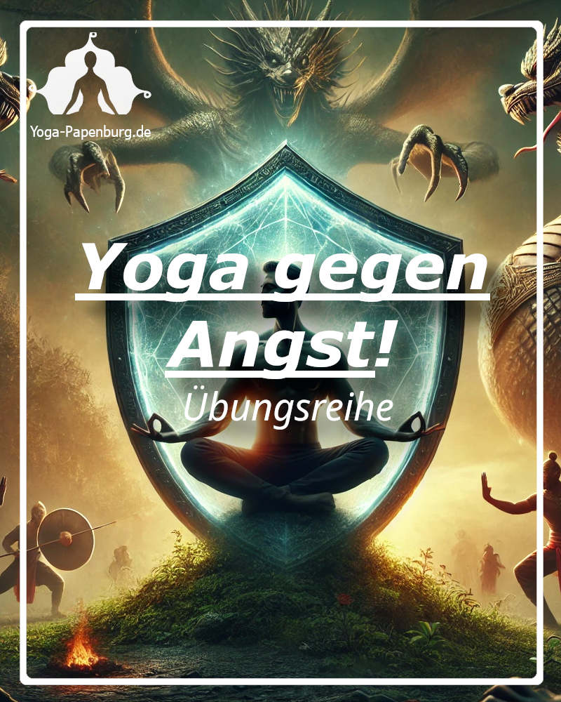 Yoga gegen Angst und Anspannung demonstriert von einem Yogi der unter einem Schutzschild sitzt, das er mit seinem Yoga geschaffen hat. Drumherum Dämonen und Drachen, vor denen er gut geschützt ist.