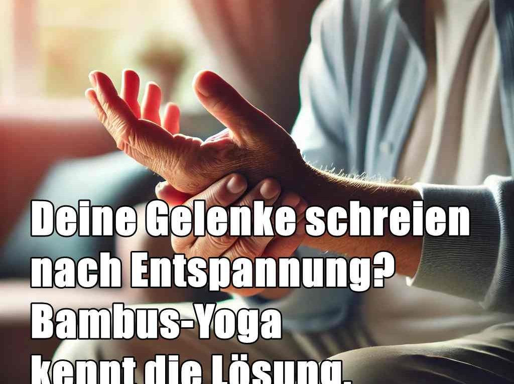 Ein Mann hält sich die schmerzenden Hände. Text: Deine Gelenke schreienf nach Entspannung? Bambus-Yoga kennt die Lösung.