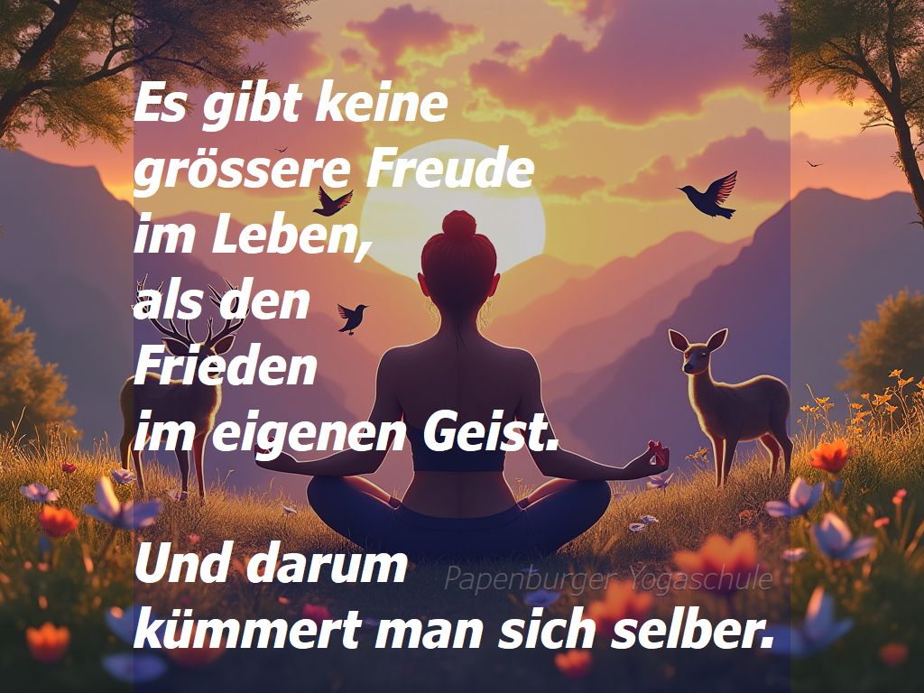 Yogi meditiert in den Sonnenaufgang. Spruch: Es gibt keine grössere Freude im Leben, als den Frieden im eigenen Geist. Und darum kümmert man sich selber.