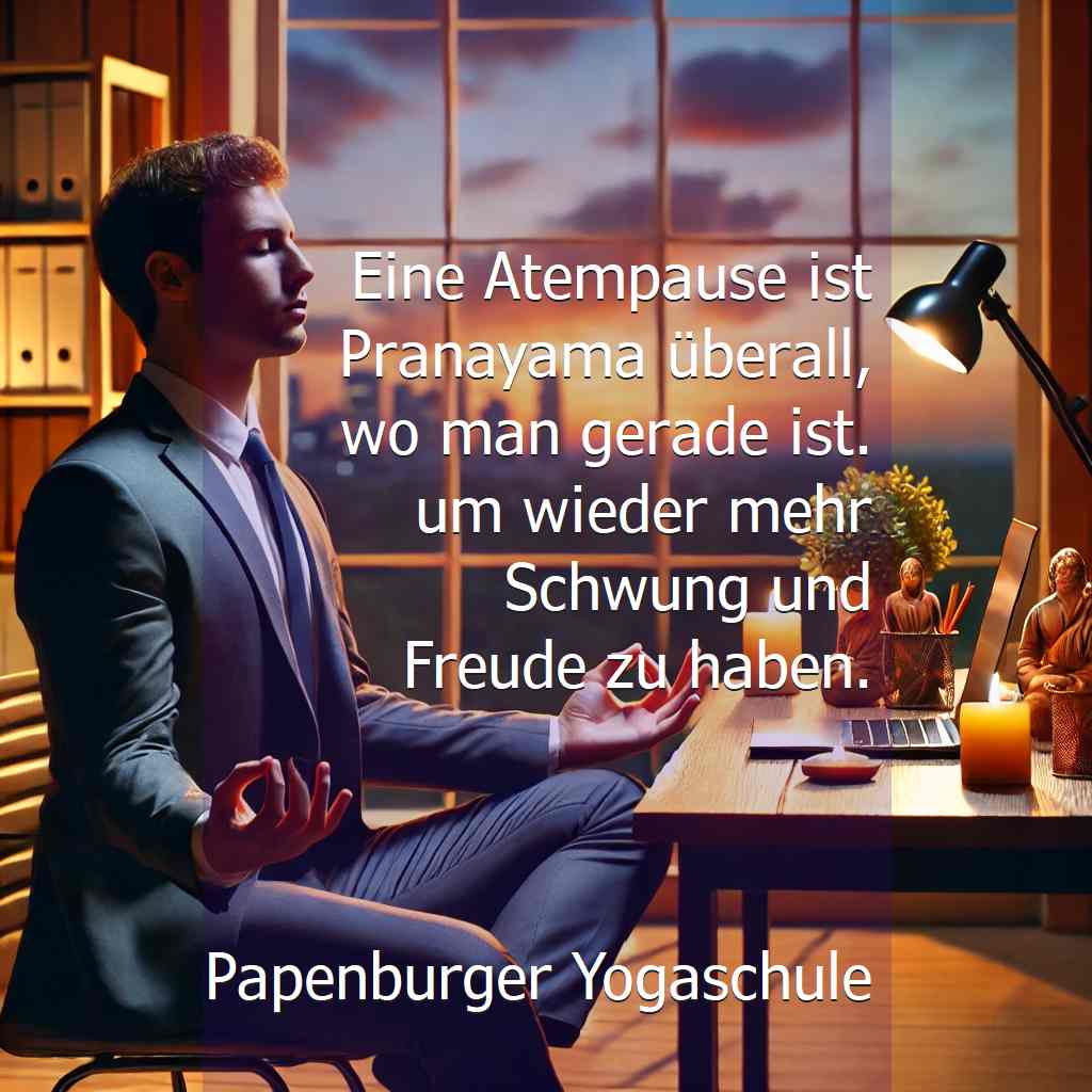 Mann im Anzug übt Pranayama bei Kerzenlicht im Büro - Atempause ist Pranayama am Arbeitsplat und überall