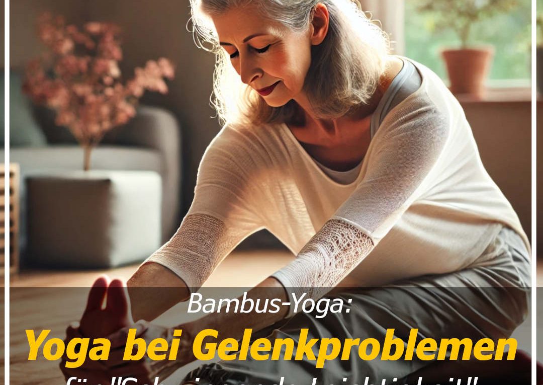 Ältere Frau übt die Vorwärtsbeuge und ist total entspannt - Yoga bei Gelenkproblemen - Schwingende Leichtigkeit mit Bambus-Yoga