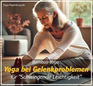 Ältere Frau übt die Vorwärtsbeuge und ist total entspannt - Yoga bei Gelenkproblemen - Schwingende Leichtigkeit mit Bambus-Yoga