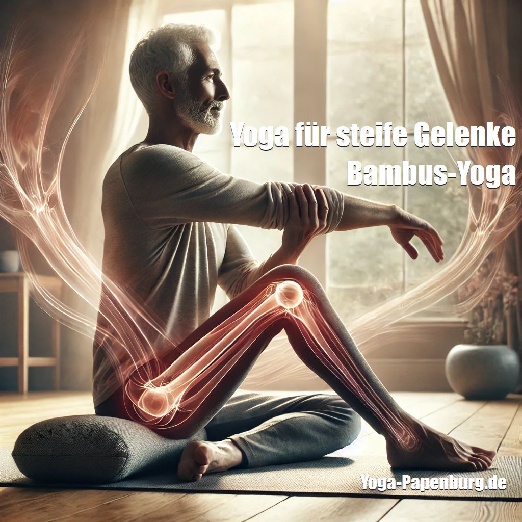 Ein älterer Mann sitzt auf seiner Yoga-Matte und macht Gelenk-Übungen aus dem Yog a- Yoga für steife Gelenke kann Gelenke mobilisieren